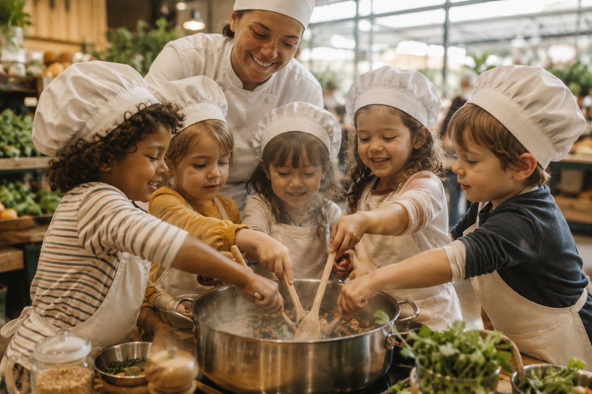 Young children cooking together around a big pot