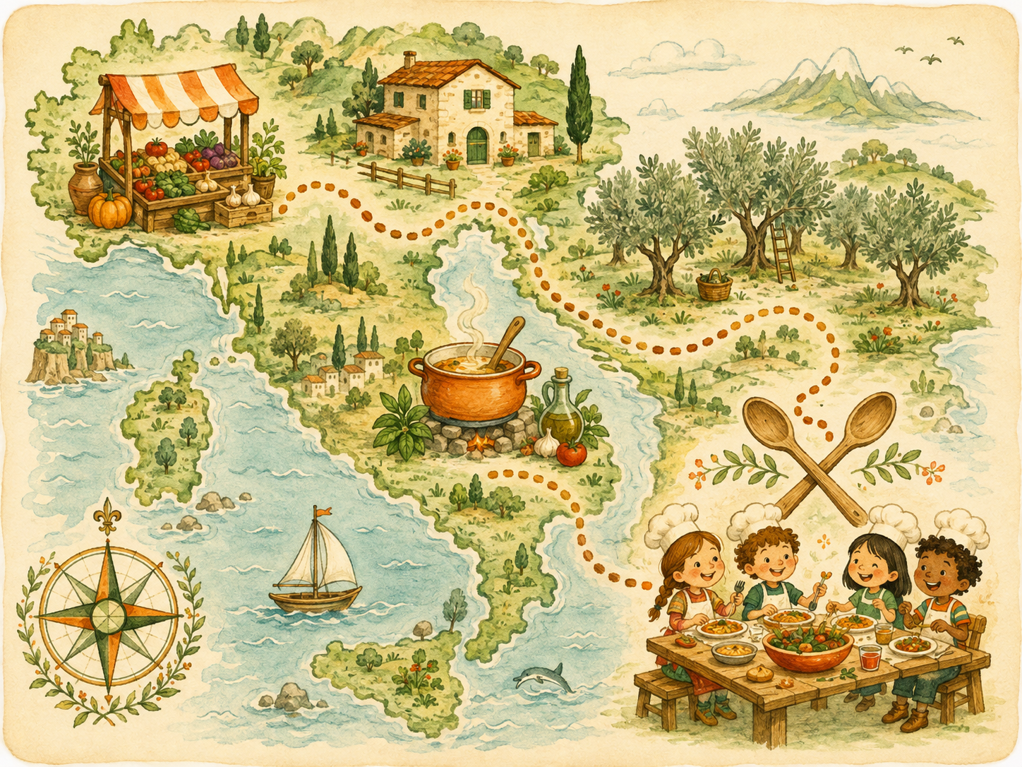Hand-drawn treasure map: a market stall, a farmhouse, an olive grove, a big cooking pot, and children sharing a meal